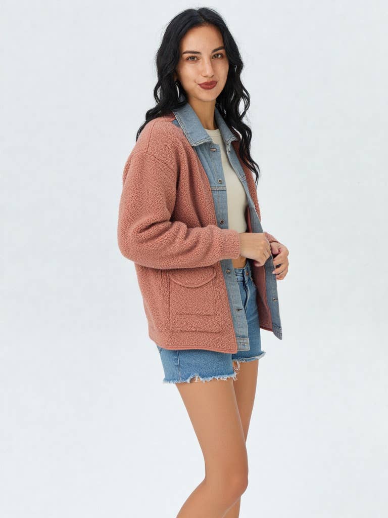 Soft Fleece and Denim Contrast Shacket Jacket