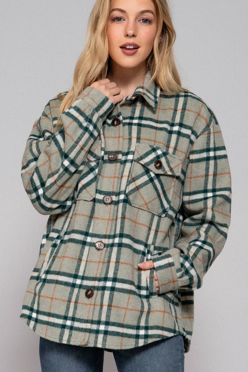 Long Sleeve Wool Blend Plaid Button Down Casual Jacket :black/brown