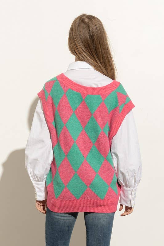 PINK ARGYLE PRINT SLEEVELESS SWEATER VEST