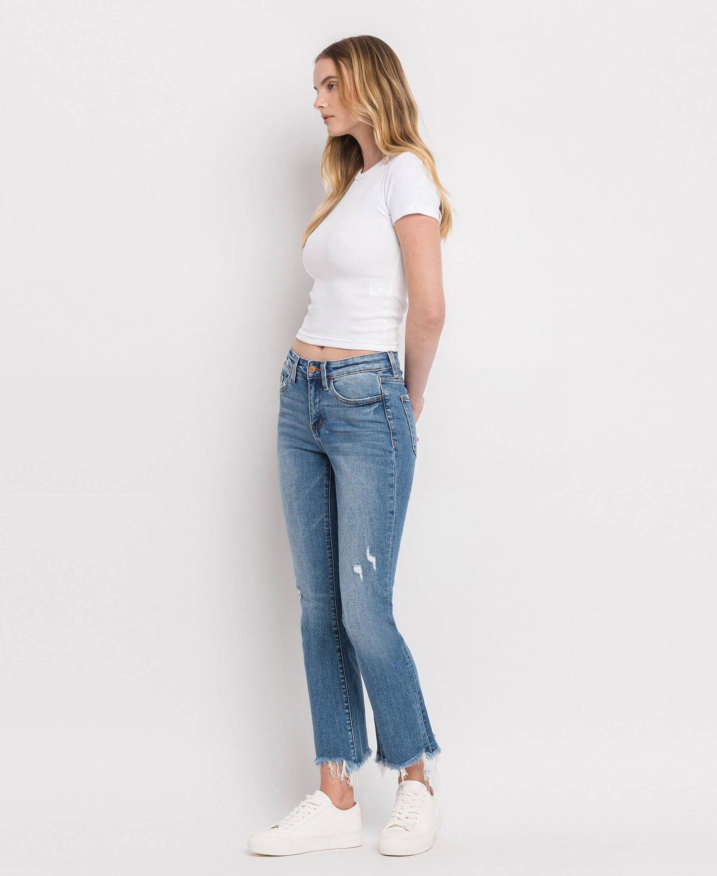 FLYING MONKEY MID RISE DISTRESSED HEM ANKLE BOOTCUT JEANS