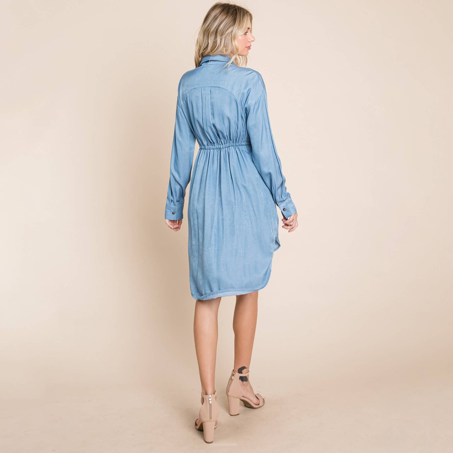 Chambray Button Down drawstring Tie waist Denim Dress