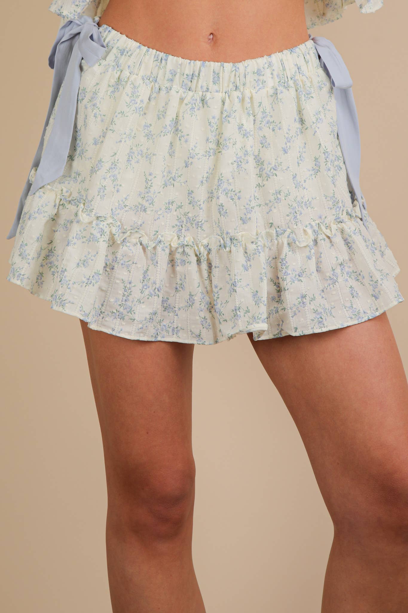 Floral Print Side Bow Mini Skort w Deep V Bow Tie Top Set