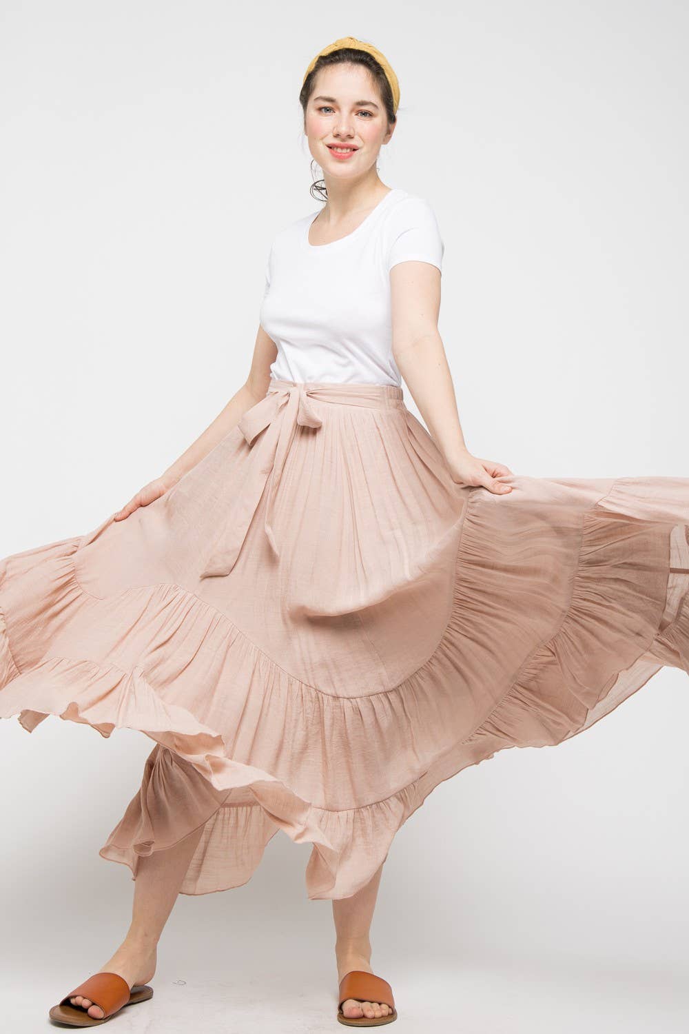 PEACH CREAM GAUZY SELF-TIE ELASTIC WAISTBAND MAXI SKIRT