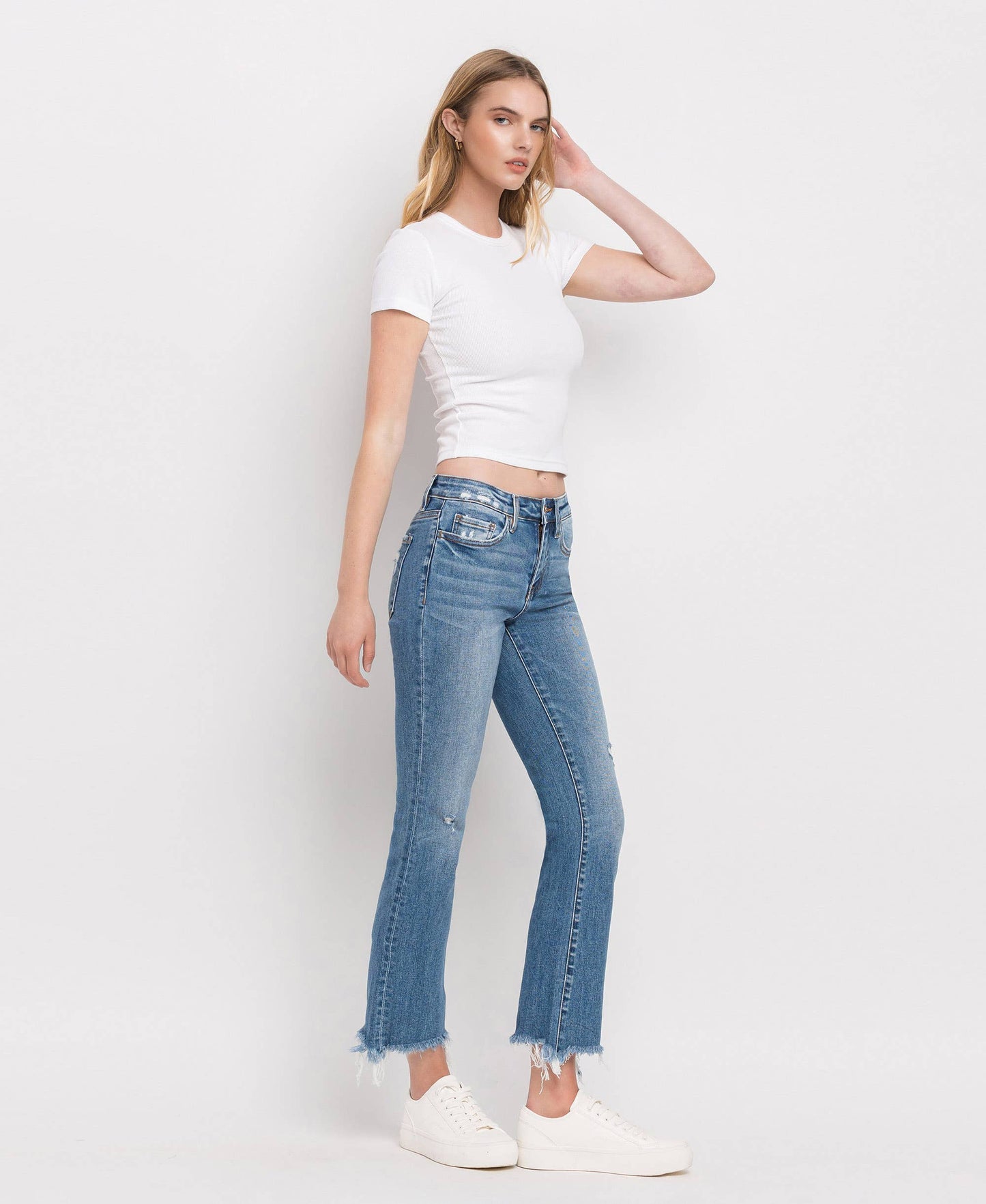 FLYING MONKEY MID RISE DISTRESSED HEM ANKLE BOOTCUT JEANS