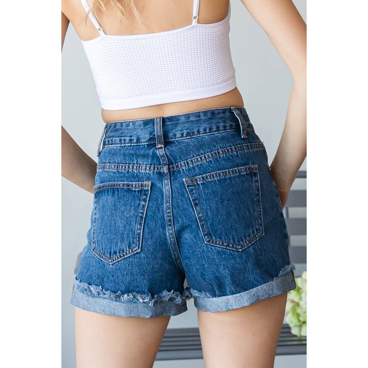 High Waist Folded Bottom Denim Shorts: Dark Wash