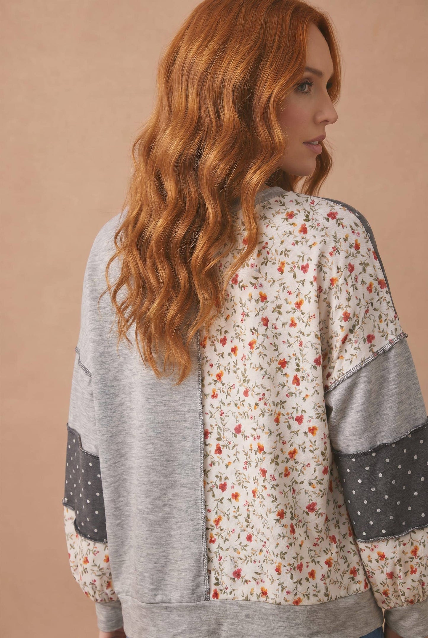 Round Neck Mixed Print Patchwork Pullover: GREY/CHARCOAL / S