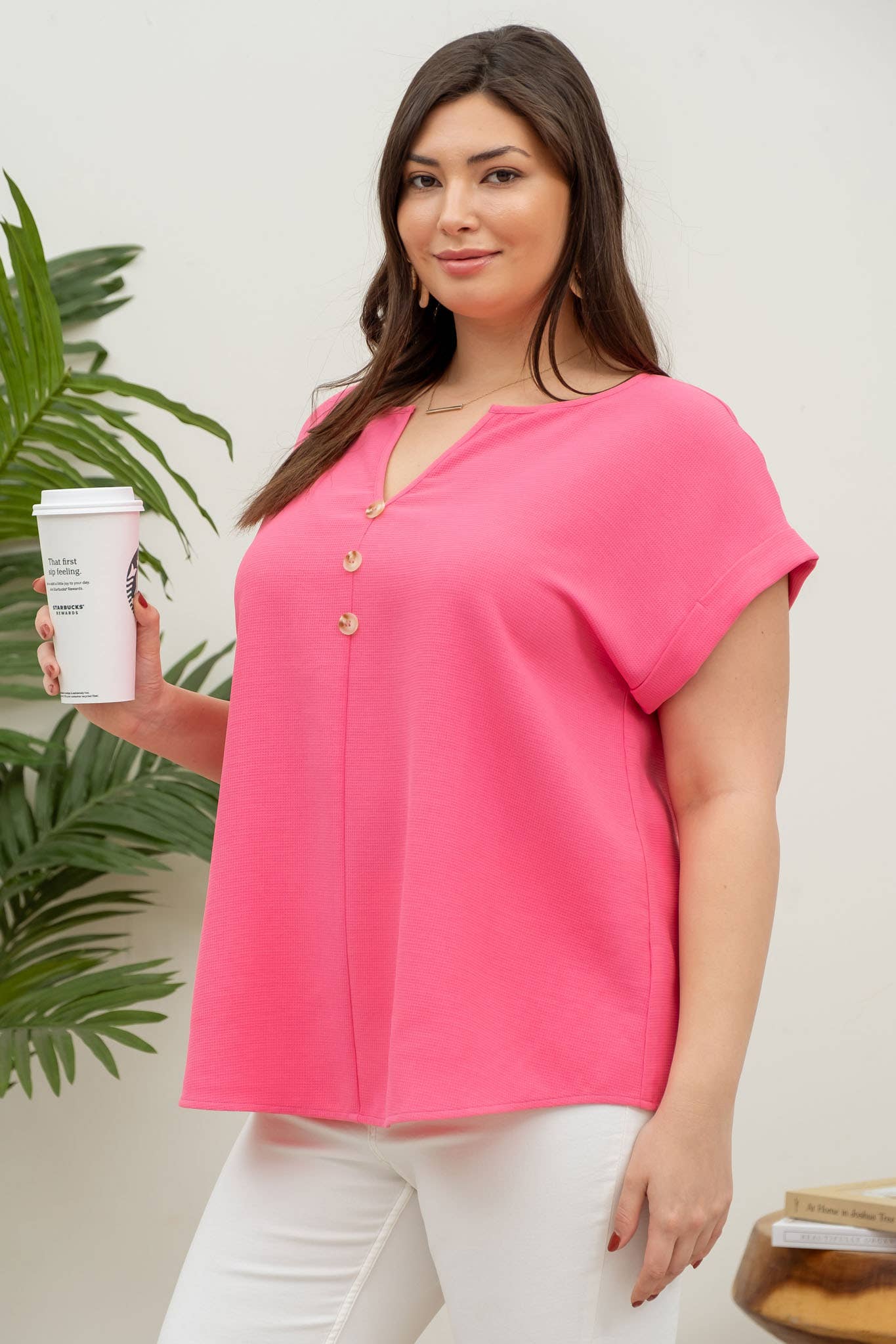 PLUS BUTTON FRONT SHORT SLEEVE WOVEN TOP: PINK