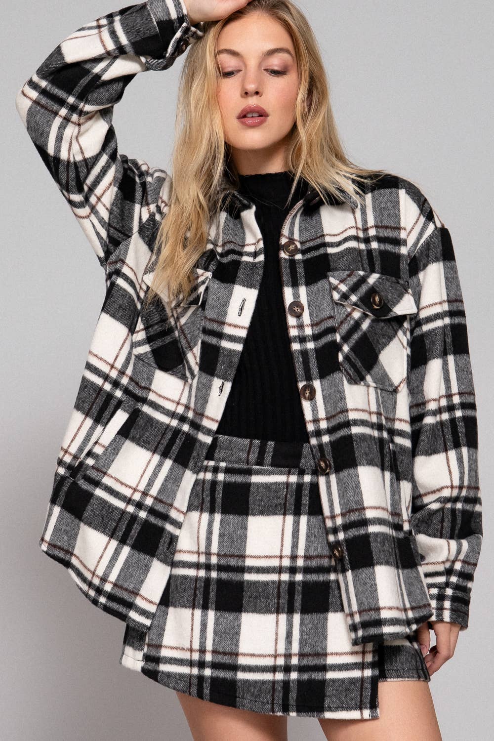 Long Sleeve Wool Blend Plaid Button Down Casual Jacket :black/brown