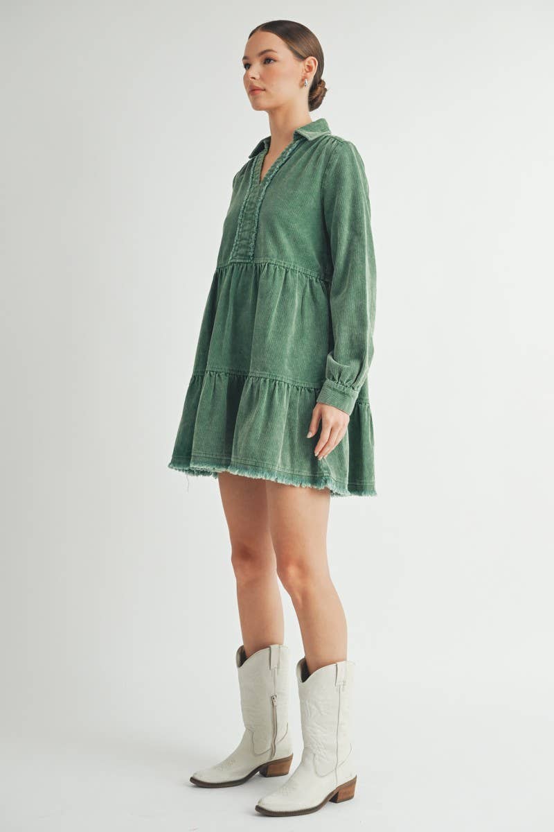 Mineral Wash Corduroy Tiered Dress