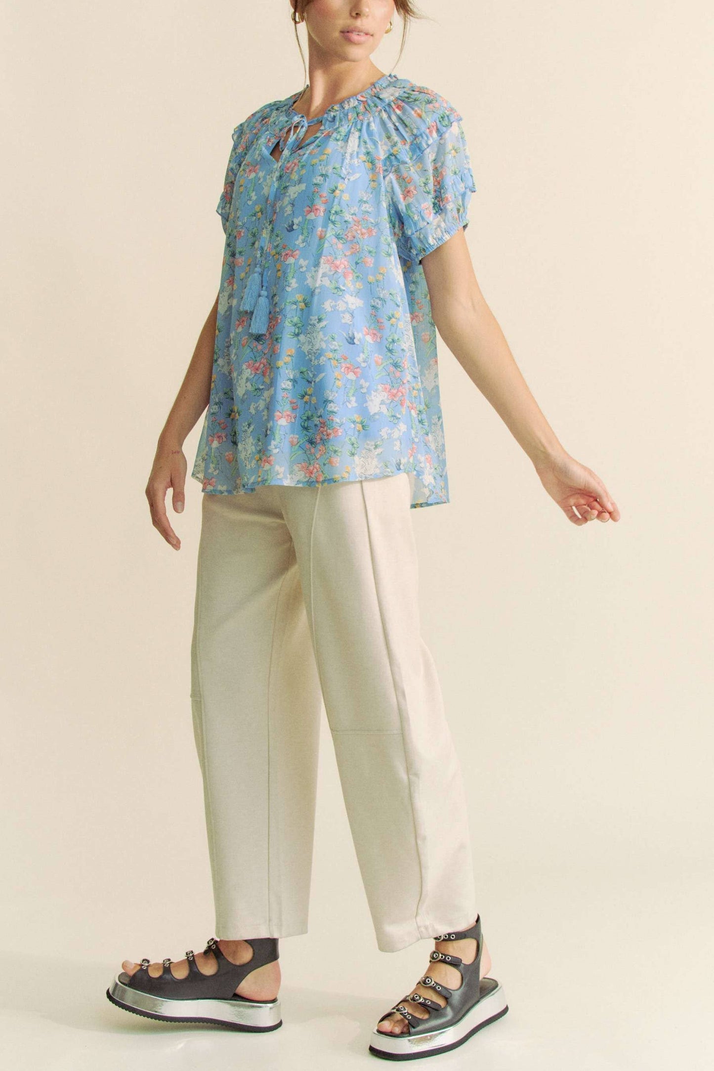 PRINTED RUFFLE SHORT SLEEVE TOP