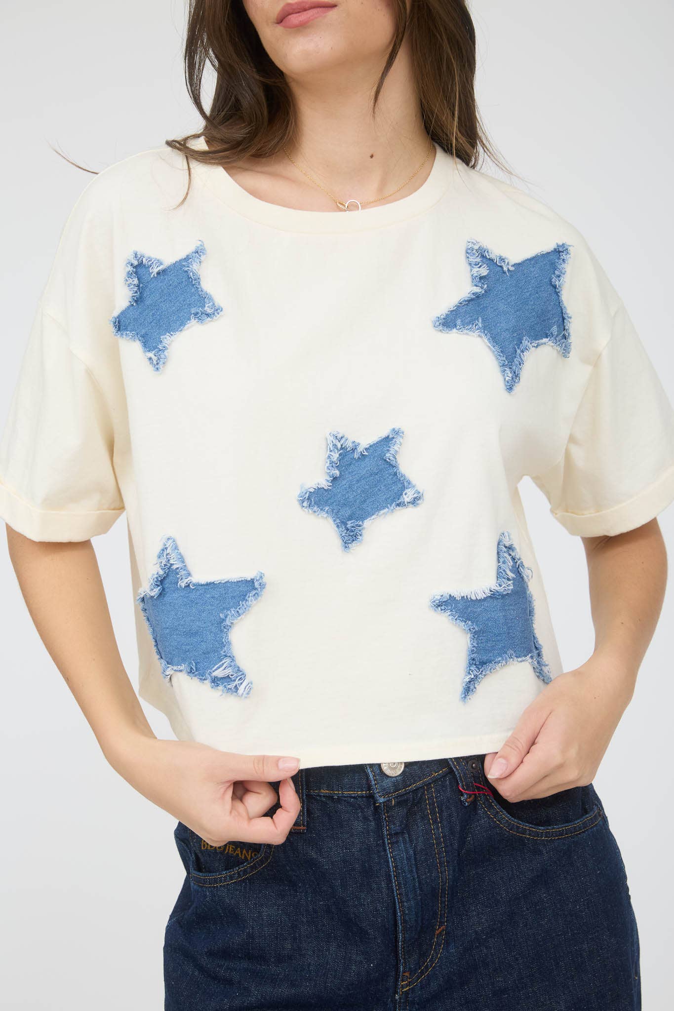 DENIM STAR PATCH SHORT SLEEVE KNIT T-SHIRT: NAVY