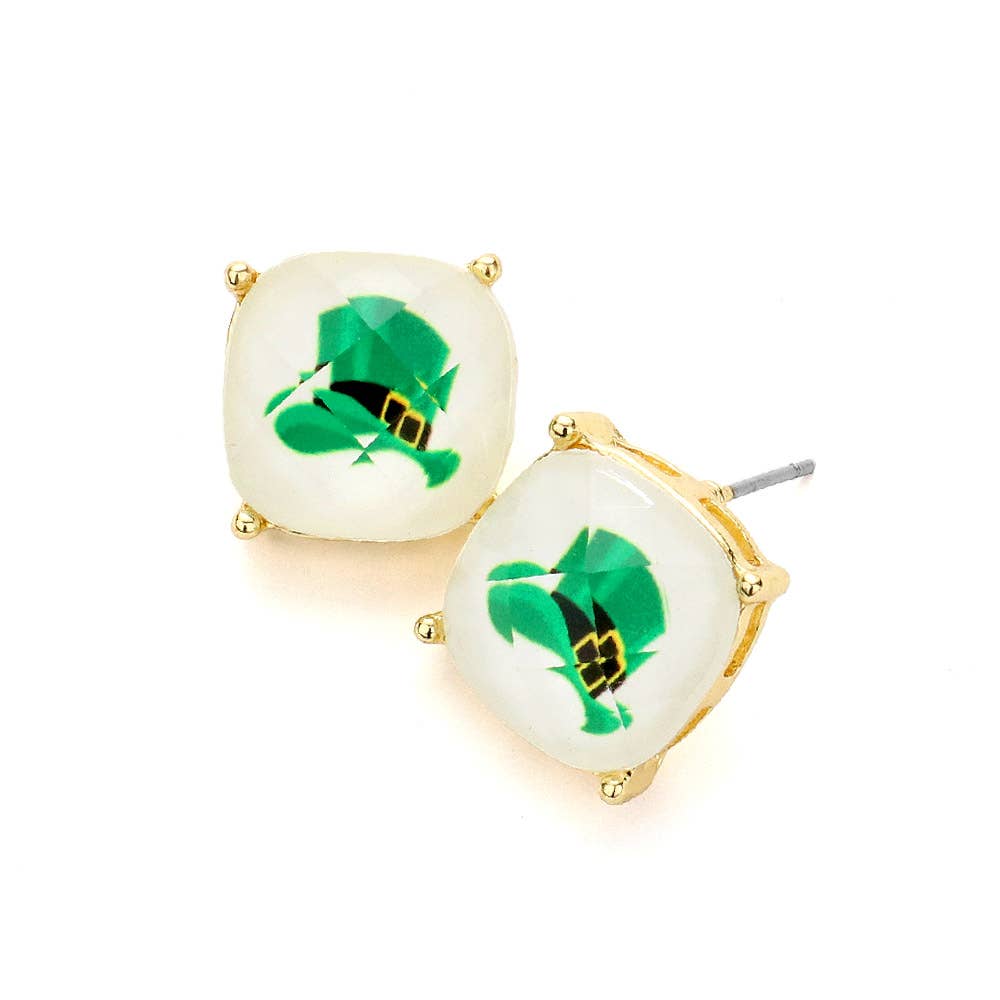 St Patricks Day Hat Cushion Square Stud Earrings