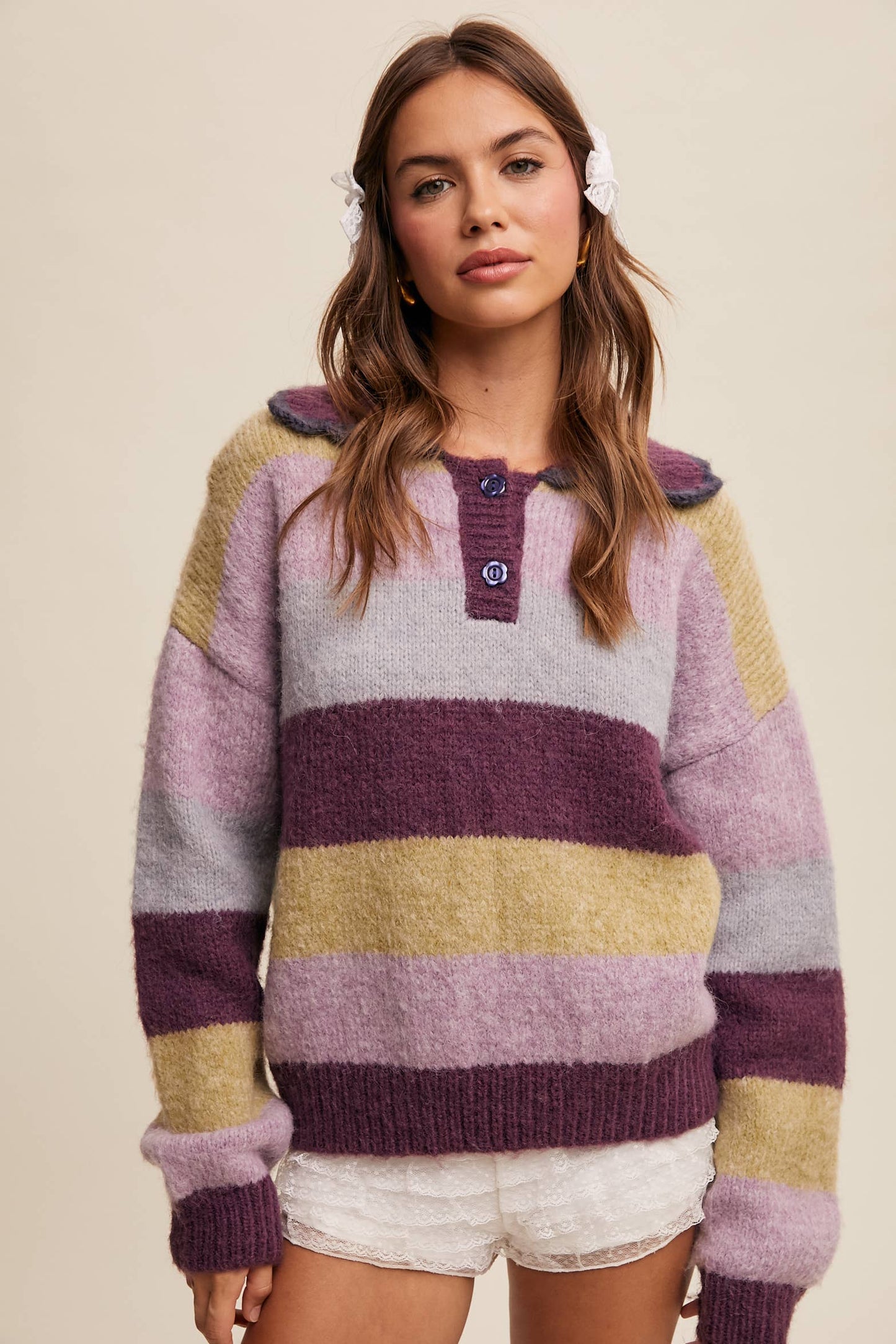 Striped Fuzzy Polo Sweater Redbean Multi