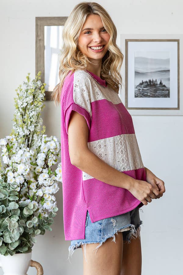 Rib Lace Contrast Banded Short Sleeve Top Magenta
