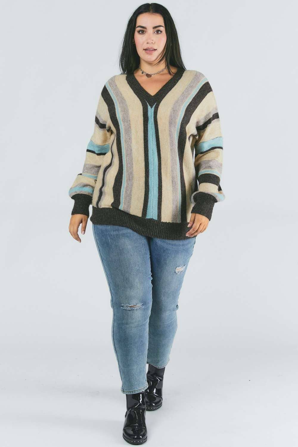 PLUS STRIPED V NECK SWEATER