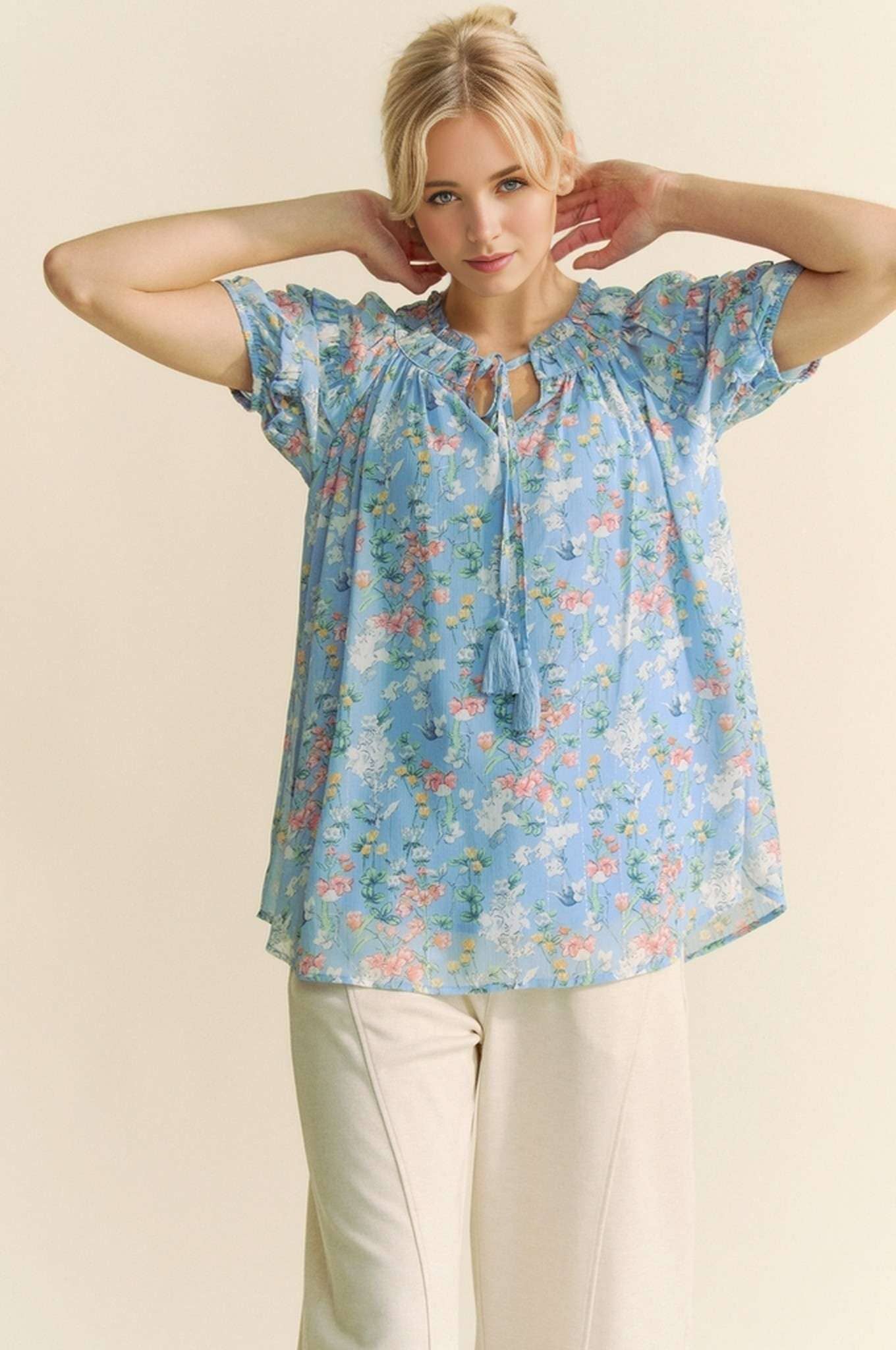 PRINTED RUFFLE SHORT SLEEVE TOP