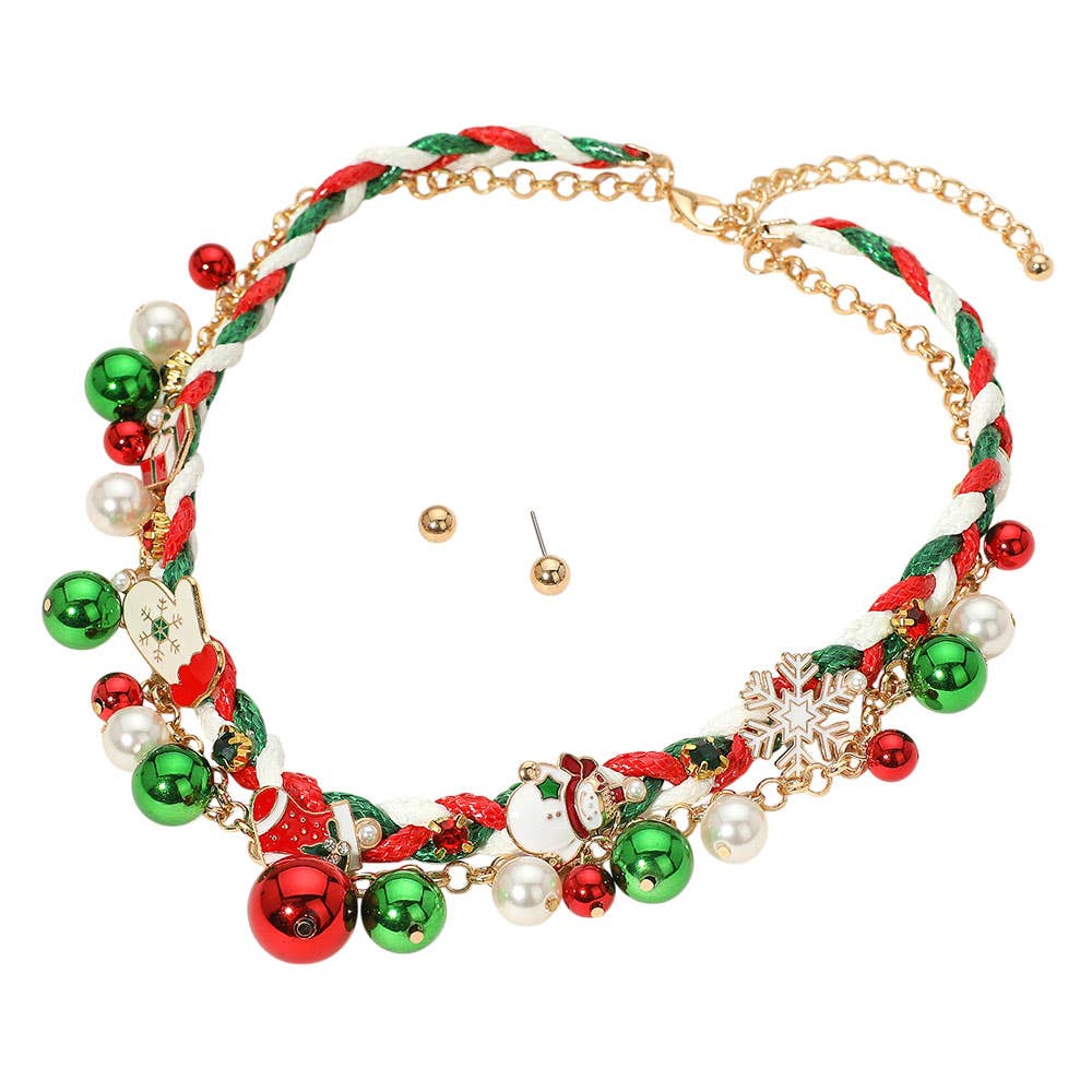 Christmas Snowman Glove Snowflake Charm Braided Necklace