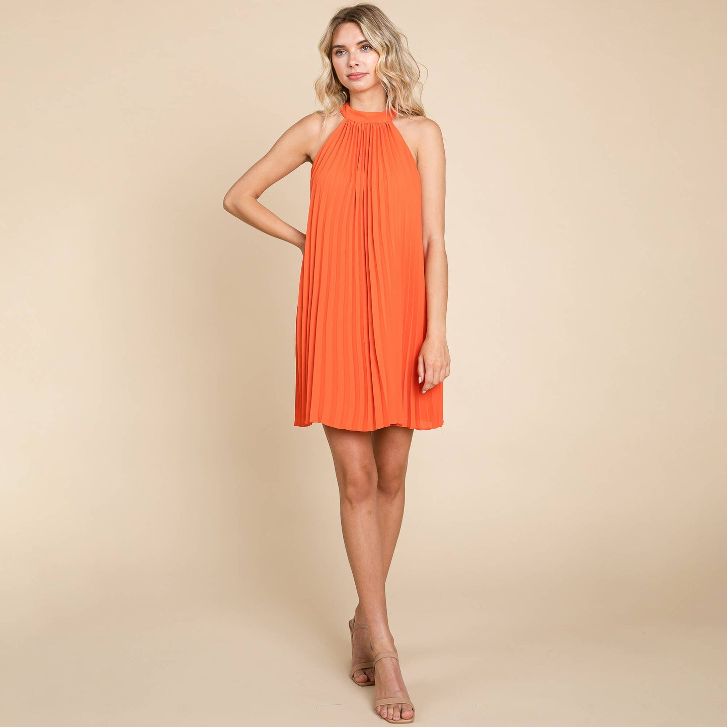 Halter Neck Pleated Mini Swing Dress