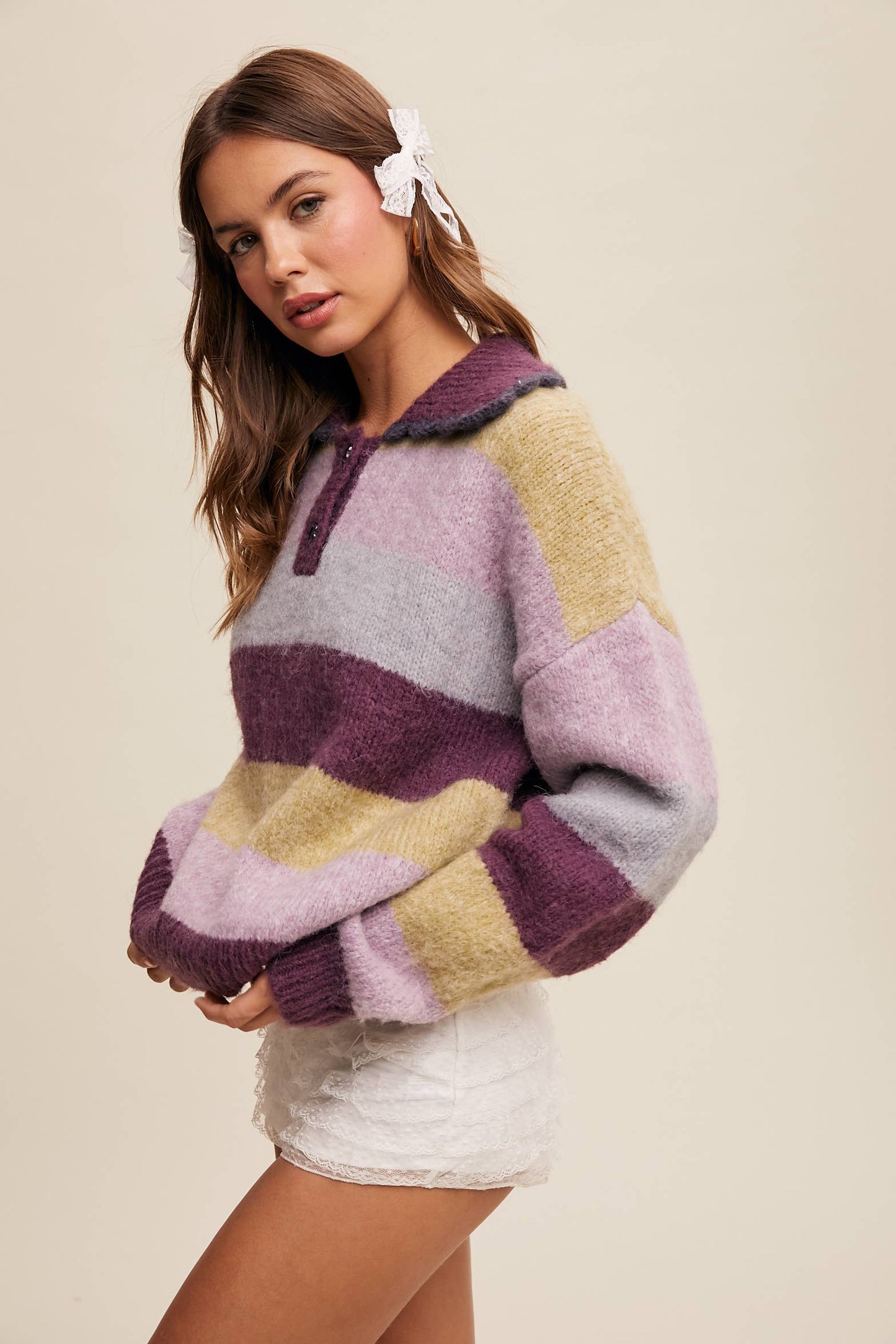 Striped Fuzzy Polo Sweater Redbean Multi