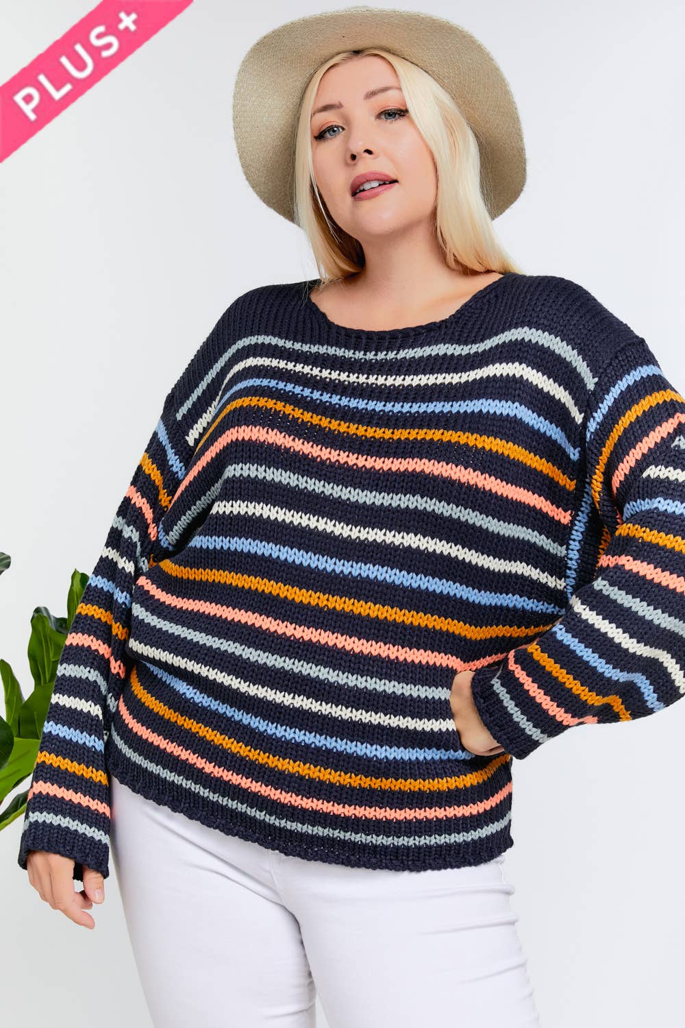 PLUS STRIPE ROUND NECK KNIT SWEATER
