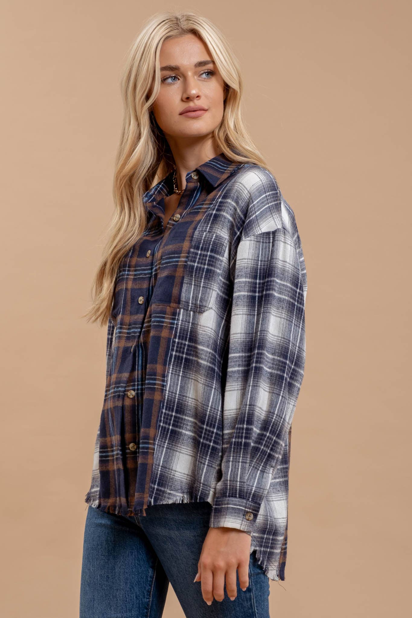 PLAID PATCHWORK BUTTON DOWN FLANNEL: NAVY MULTI