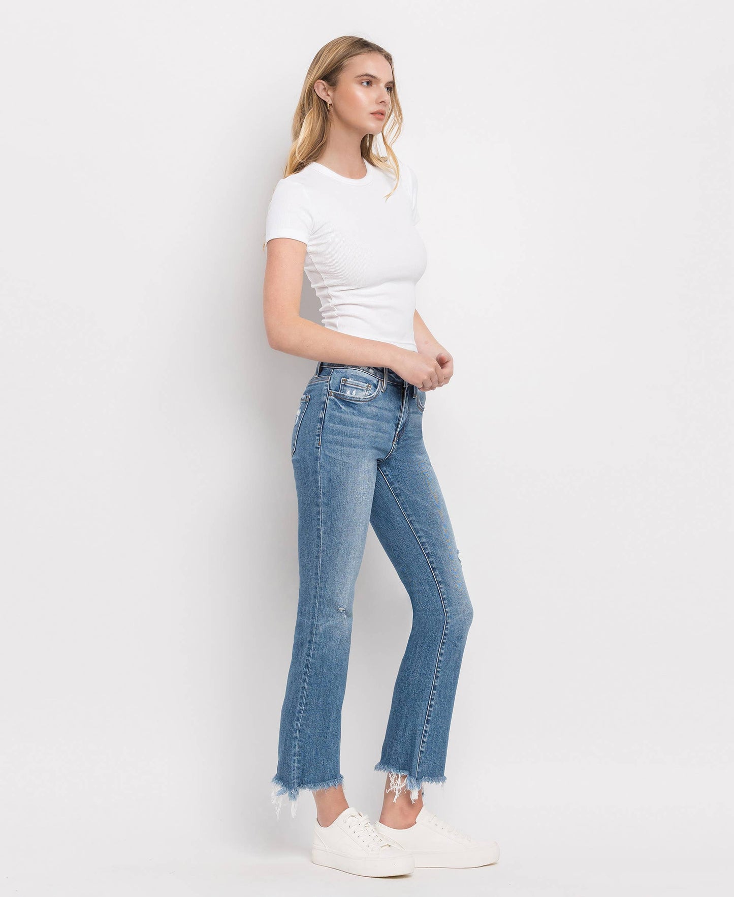 FLYING MONKEY MID RISE DISTRESSED HEM ANKLE BOOTCUT JEANS