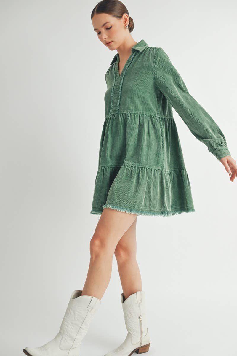 Mineral Wash Corduroy Tiered Dress