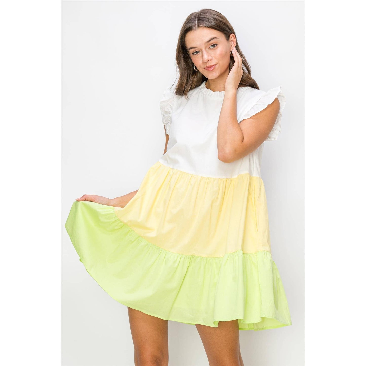 Poplin Color Block Mini Dress: YELLOW MULTI