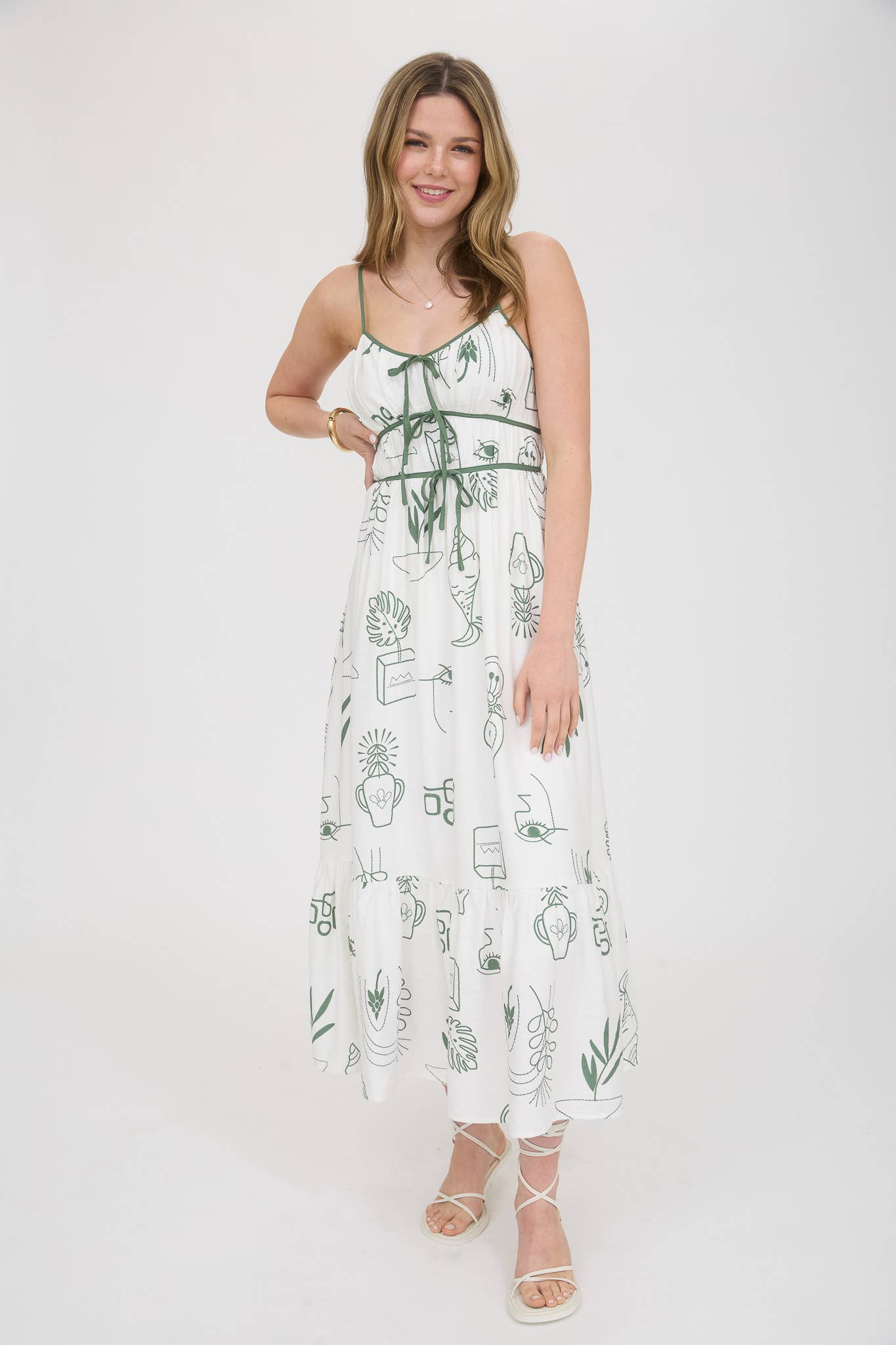 DOODLE LINE PRINT FRONT TIE DETAIL MIDI DRESS: MOSS GREEN