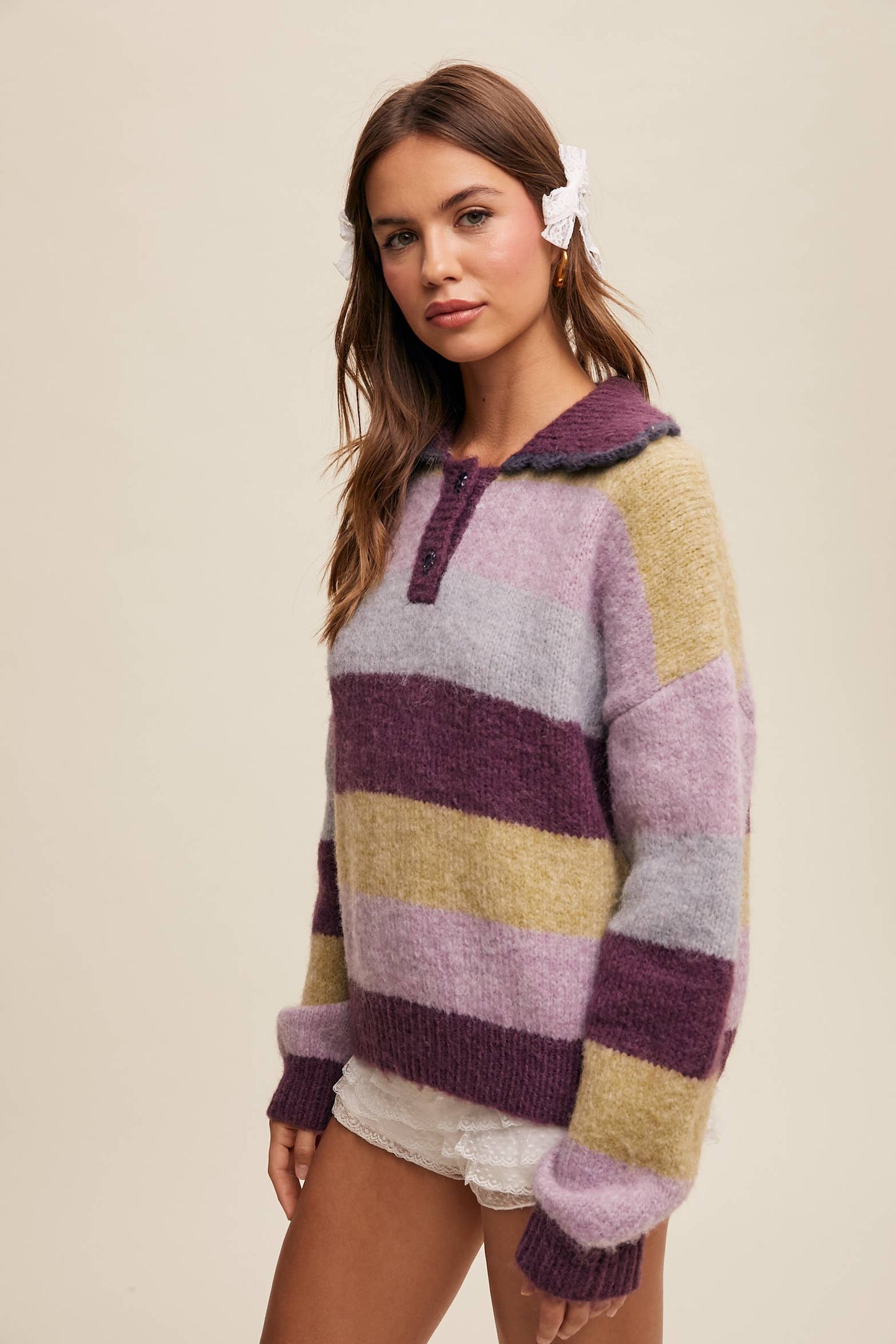 Striped Fuzzy Polo Sweater Redbean Multi