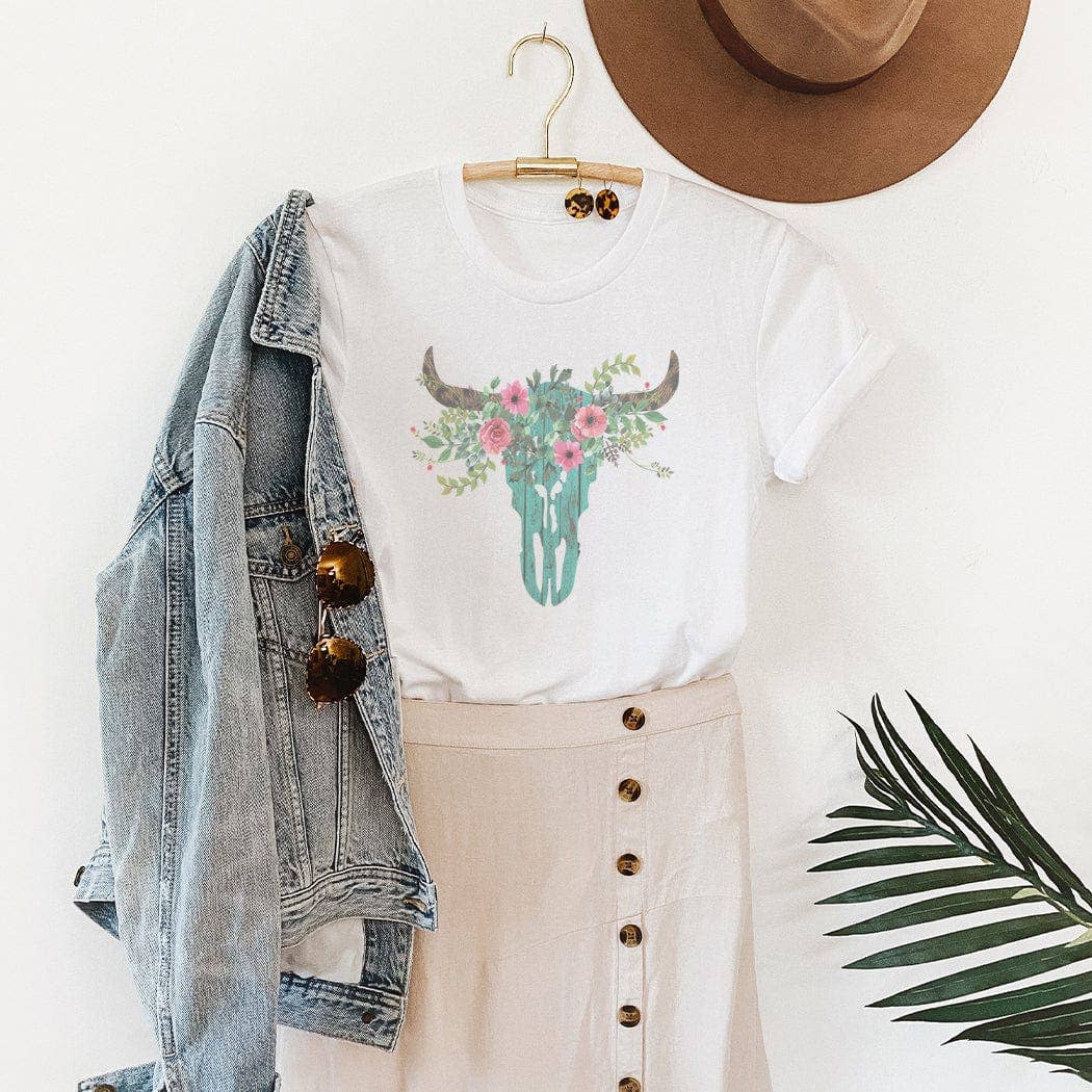 Wooden Cow Skull Western Graphic T-Shirt - WE125: Bella Canvas 50/50 White / L