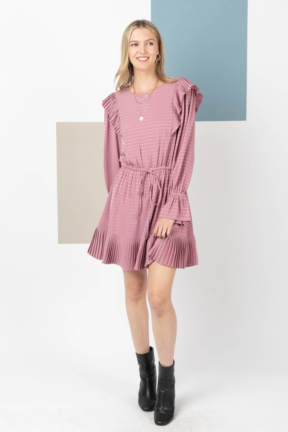Shoulder Ruffle Detail Satin Mini Dress MAUVE