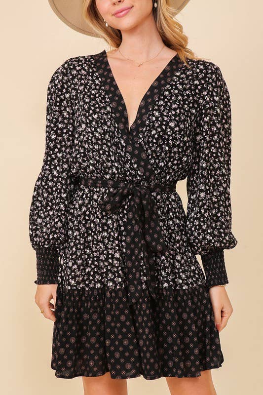 Black Floral Combo Front Tie Dress
