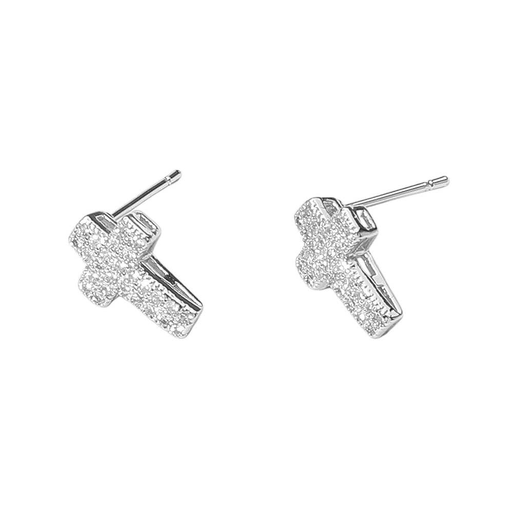 CZ Stone Paved Cross Stud Earrings: Yellow Gold