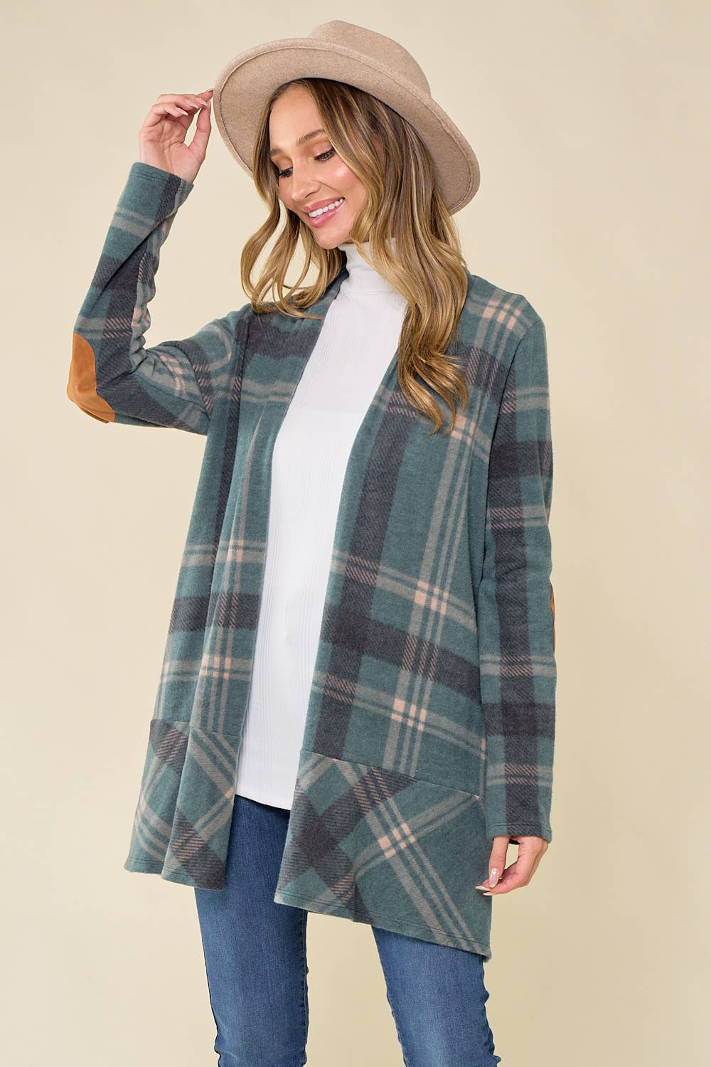 Plaid Hacci Cardi w Suede Elbow Patches
