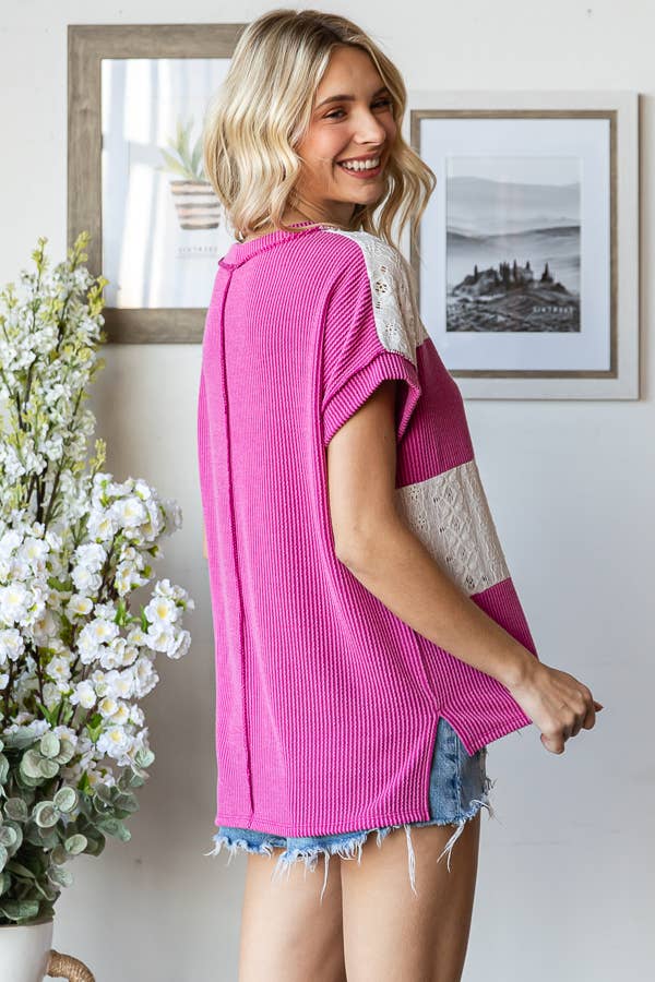 Rib Lace Contrast Banded Short Sleeve Top Magenta