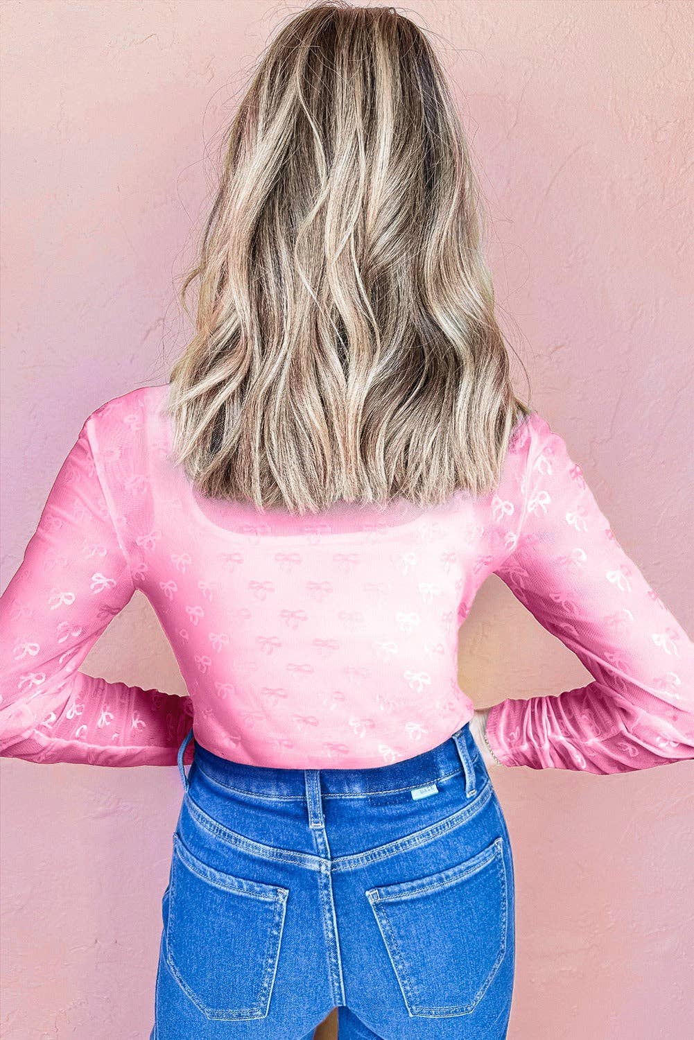 Pink Mesh Bow Pattern Long Sleeve