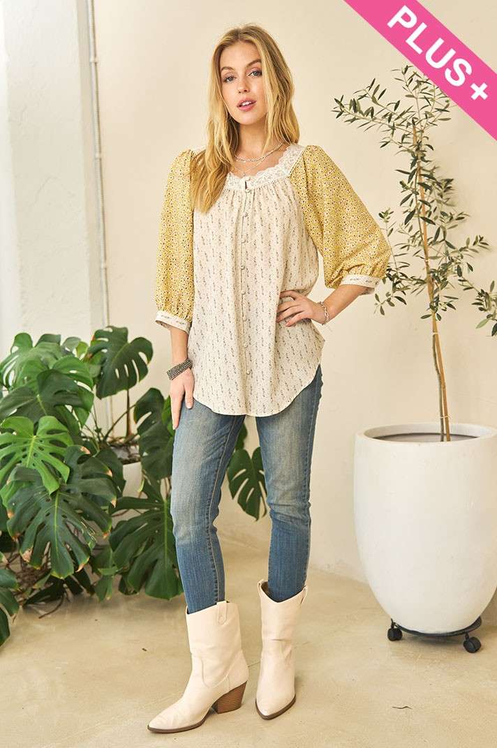 PLUS FLORAL PRINTED BUTTON DOWN LOOSE TOP