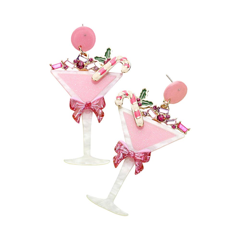 Stone Embellished Resin Christmas Cocktail Dangle Earrings: Pink