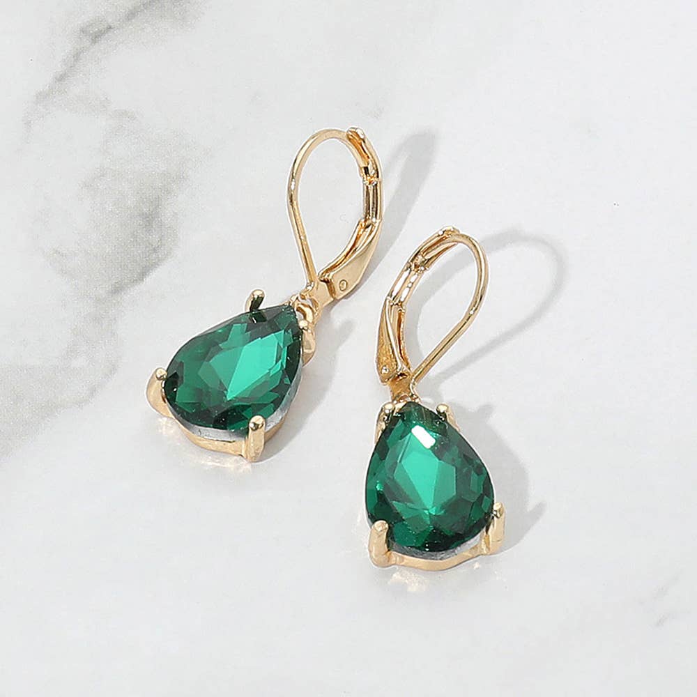 Teardrop Glass Stone Drop Dangle Earrings: Black