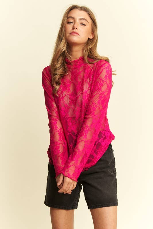 Floral print lace long sleeves mesh top