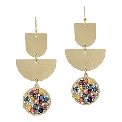 Gold Geometric Triple Layer with Multi Crystal 2" Earring