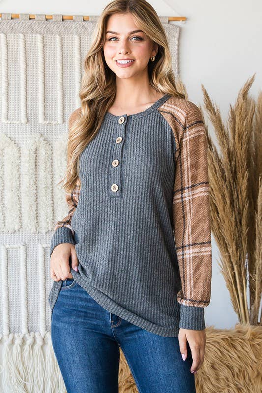 SOLID WAFFLE AND PLAID TOP BUTTON AND STITCH