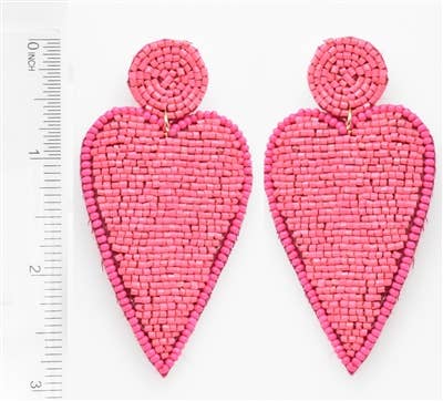 Hot Pink Seed Bead Heart 3" Earring