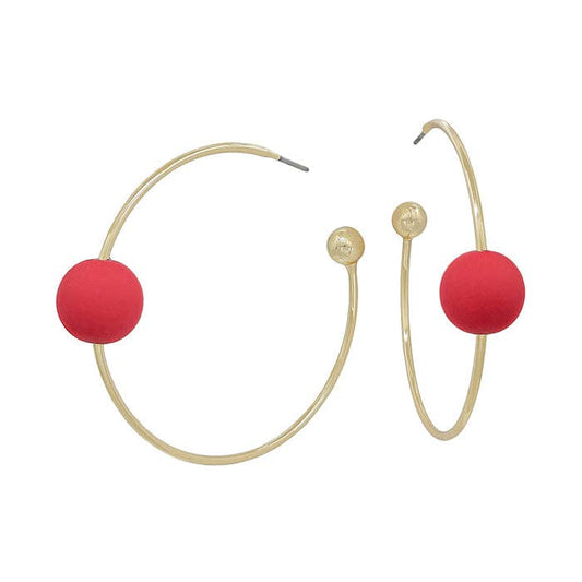 Gold Thin Hoop with Red Beaded Accent