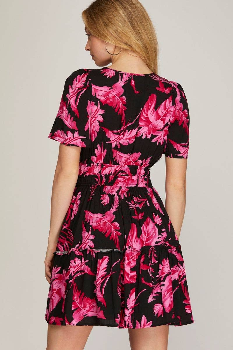 FLORAL TIERED ELASTIC WAIST WOVEN MINI DRESS
