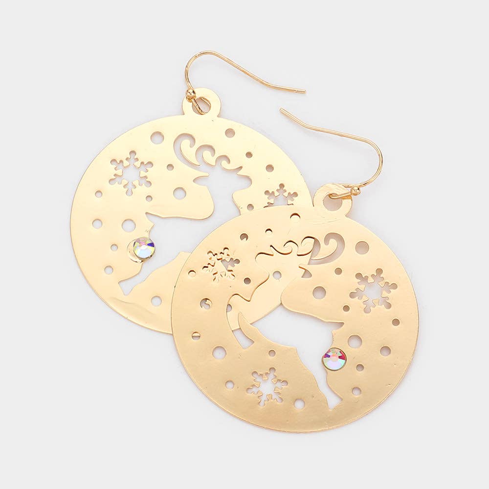 Stone Cut Out Rudolph Brass Metal Round Dangle Earrings