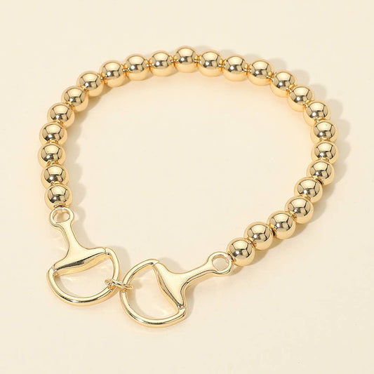 Metal Horsebit Link Accent Ball Beaded Stretch Bracelet: Gold