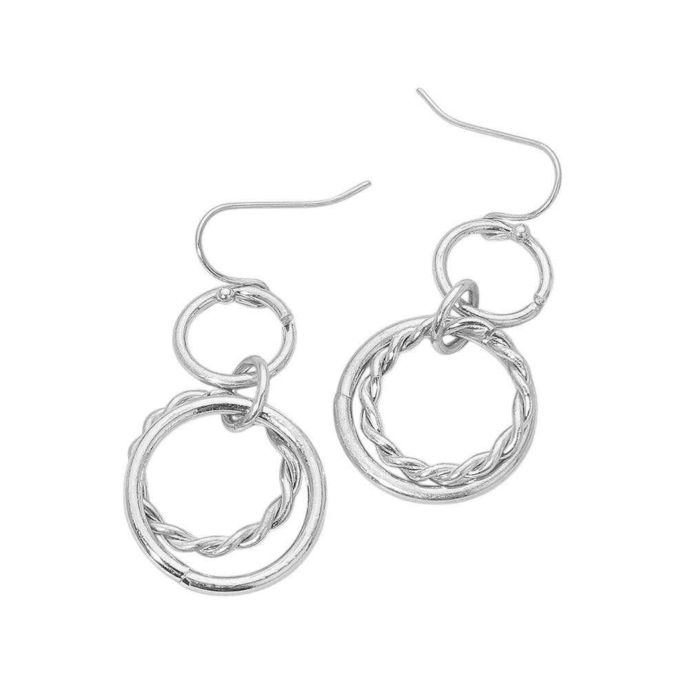 Twisted Metal Double Circle Link Drop Earrings: Worn Gold