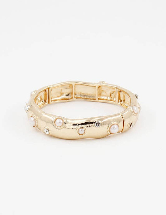 Gold Stretch Bracelet with Multi Rhinestone and Pearl Studded Accents